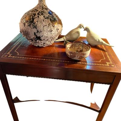 Vintage Desk, Porcelain Dove Figures Also Known As Love Birds And Vintage Vase And Bowl