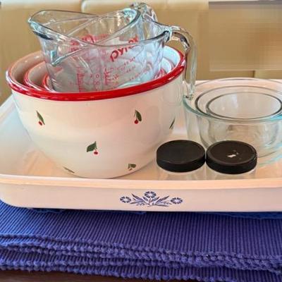 Measuring Cups, Mixing Bowls, Corning Ware Pan 11 X 13, Little Jars And Placemats