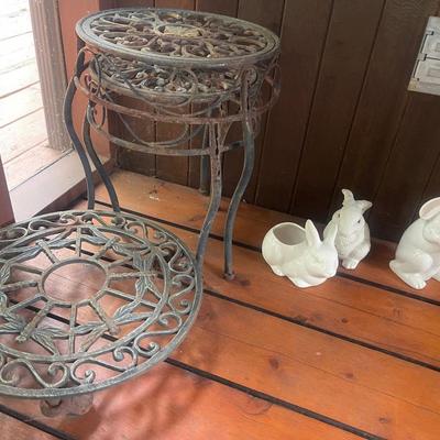 White Glass Bunnies and metal dragonfly and vintage metal plant stands 