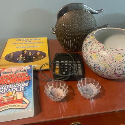 Vintage Glass Fish, Ceramic bowl, absolutely absorbing bathroom reader, cinder reller and other folk