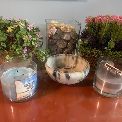 Fake Flower Baskets, Candles And Ceramic Bowl With Seashells 