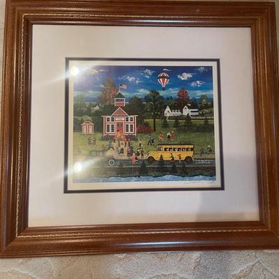 The image shows a framed art print titled "First Day of School" by American folk artist Jane Wooster