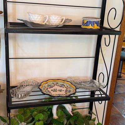 Metal Frame Bakers Rack, Swan Glass Plant Holding Decor, Mexican Pottery And Misc Decor Items