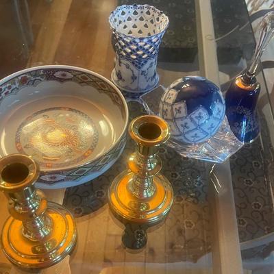 Royal Blue Copenhagen Glass, Baldwin Gold Candle Holders, Blue Glass Ceramic Sphere And Vintage Bell