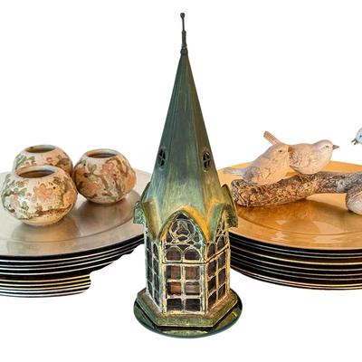 Decorative Plates, Glass and Metal Architectural Candle Lantern Green Patina, Pottery Bowls And Bird