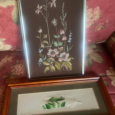 Native American Needle Thread Flower Picture And A Painting Of A Frog On A Feather