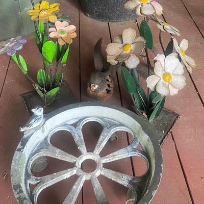 Flowered Metal Yard Art, vintage cast aluminum trivet or coaster And Ceramic Bird