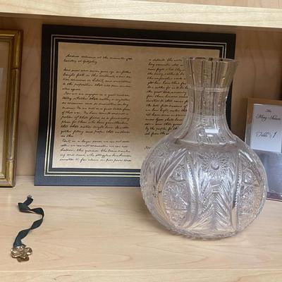 Crystal Glass Vase, 2 Flower Pictures And Misc Items