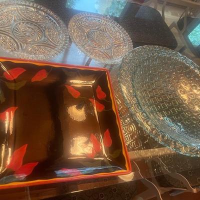 Clay Art Serrano Chili Pepper Large Plate, Large Blue Glass And 2 Vintage Anchor Hocking Plates