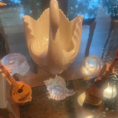 Lenox Swan Bowl, Glass Seashells And Wooden Guitars 
