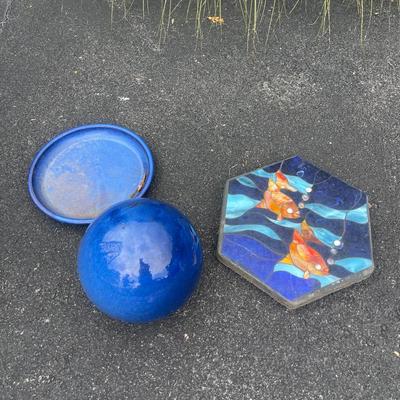 Blue Ceramic Garden Ball, Blue Ceramic Planter Saucer And Fish Stone