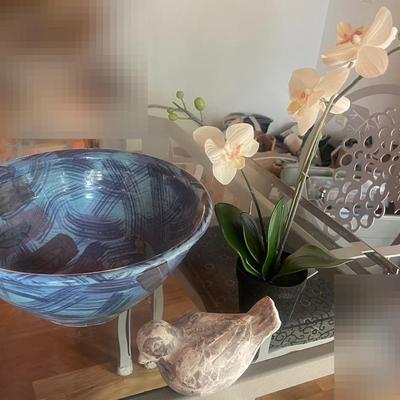 Blue Textured Pottery Bowl, White Orchid And Ceramic Bird 