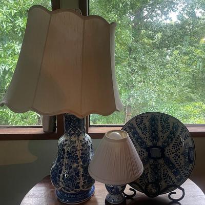 Blue and white porcelain table lamp, likely inspired by traditional Chinese design And Plate