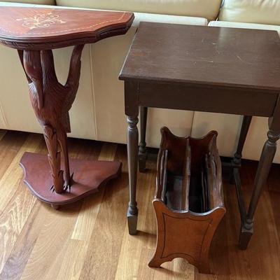 Vintage Carved Swan Accent Table And Wooden End Table And Lace Magazine Rack