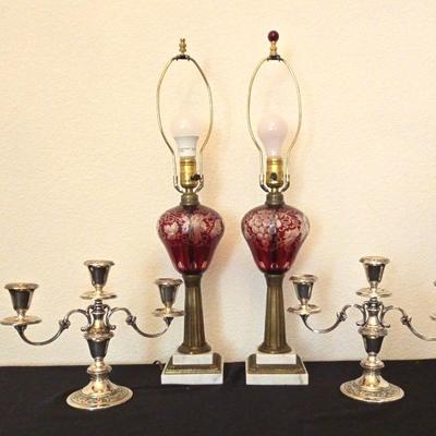 Gotham Sterling Candlesticks & Cranberry Glass Lamps (FHC)