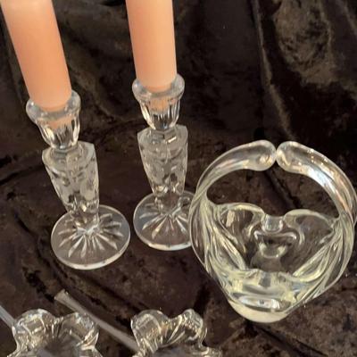 Pair of Crystal Candleholders, Vintage Lead Crystal Vase, 2 Global Village Glass Studio Mouth B