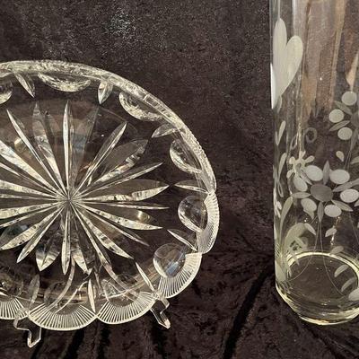 Waterford Leaded Crystal Platter And Very Large Etched Glass Vase 15" Tall , 5.5" Diameter At Top