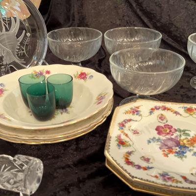 Collections Of Orphaned China, Crystal, Sherbet Bowls, Etched Glass Plate