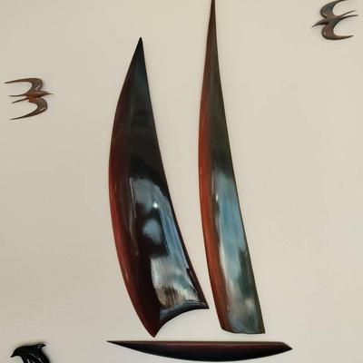 63" Abstract Sailboat Wall Decor 3 Piece Sculpture By Werner + Dolphin And Seagull Decor