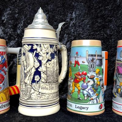 4 Budweiser Sports Steins, 1 Authentic West Germany Stein