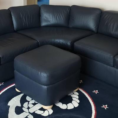 Norwalk Furniture Navy Blue Leather 6 Seater Sectional With Ottoman