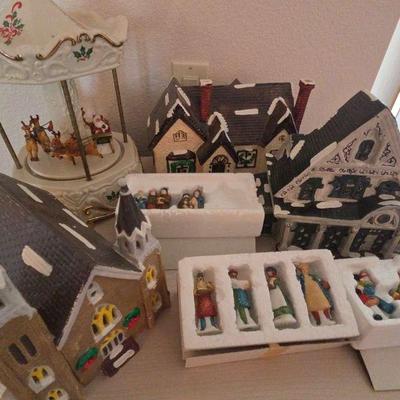Christmas Village, W/ 2 Light-up Ceramic Houses & Church, 9 Ceramic Villagers, A Music Box ...
