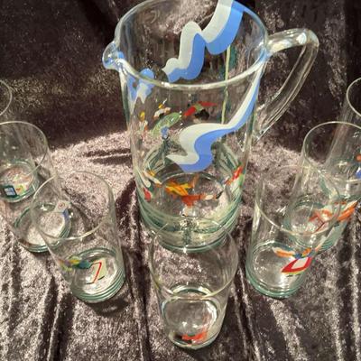 Rare Libby Hand-painted Glass Pitcher With 7 Glasses