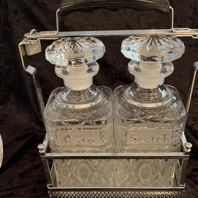 Scotch And Rye  Decanter Set In Silvertone Stand