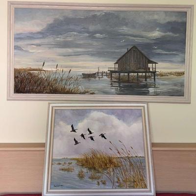 2 Framed Coastal & Duck Paintings by Signed Sue Coleman