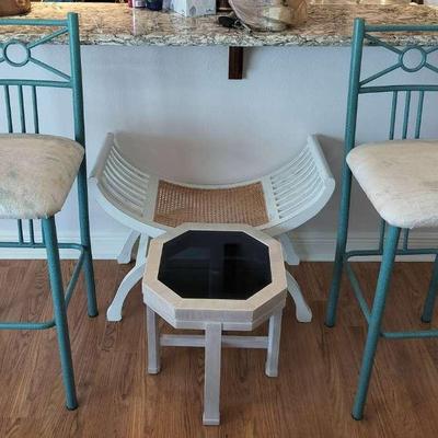 2 Beach Themed Vintage Metallic Chairs, Hand Painted White Bench, And Small Side Table