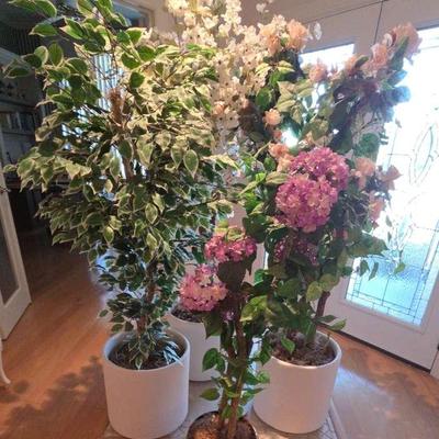 4 Decorative Faux Trees W/ Matching Faux Stone Planters, Height 75"-50"