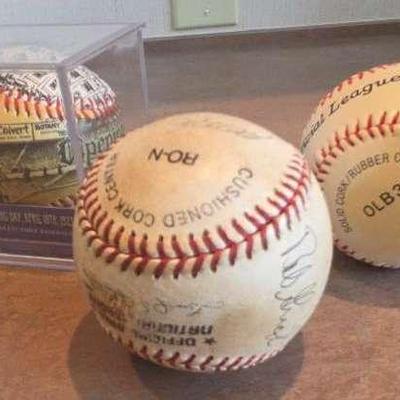 Vintage Baseball Trio W/ 8 Player Signed Ball, Yankee Stadum Opening Day Ball & Official Ball