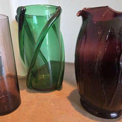 3 Colored Glass Vase Lot Strait Purple 3.5"×10.5", Green Helix Pattern 7"×12", Purple Pitcher 8"×11"