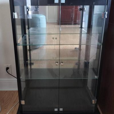 Black 3 Tiered Glass Shelf Mirror Backed Small Display Cabinet 