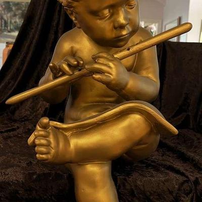 Large 20" Tall Gold Cherub Playing Flute Very Heavy!  Some Damage To Hands