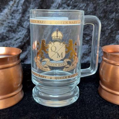 Queen Mary Glass Mug & 2 Gregorian Copper Mugs