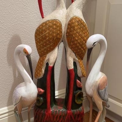 Group Of Wood Carved Graceful Cranes
