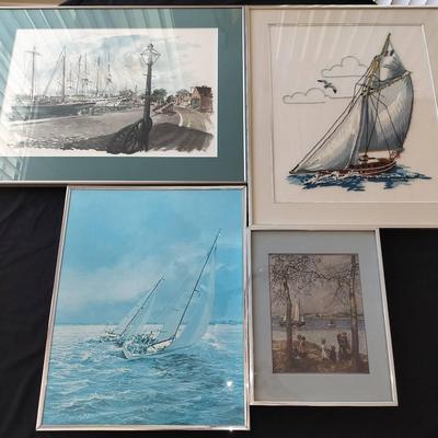 Sailboat & Harbor Themed Set Of 4 Vintage Art Pieces