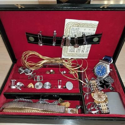 Men's Costume Jewelry Watches, Pins, Necklaces, Cufflinks, And More In Decorative Box