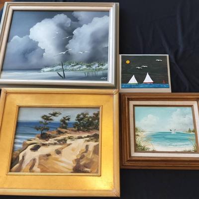 4 Coastal Hand Painted Wooden Framed Signed Paintings By Various Artists
