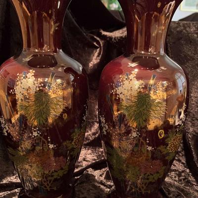 Pair Of Asian Vases Japanese Green And Brown