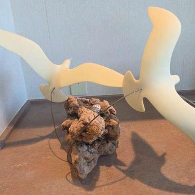Vintage John Perry 2 Seagull BIRDS IN FLIGHT Sculpture Art Burl Wood Original Tag Aprox. 24" Across