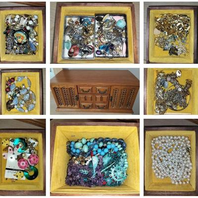 Costume Jewelry Selection In Wooden Jewelry Box