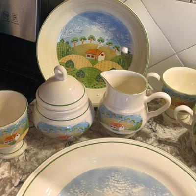 Sangostone Set Of Large Platter, Large Serving Bowl, 3 Coffee Cups And Cream And Sugar Cups