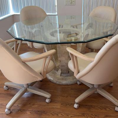 Marble And Glass Table With 4 Rolling Chairs
