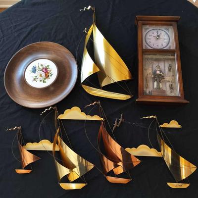 Sailboat Metallic Vintage Wall Decor By DeMott + Sailor Themed Working Clock & Decorative Plate