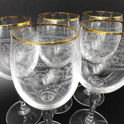 Set of 5 Flower Engraved Wine Glasses with Gold Rim