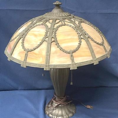 Slag Glass And Bronze Table Lamp