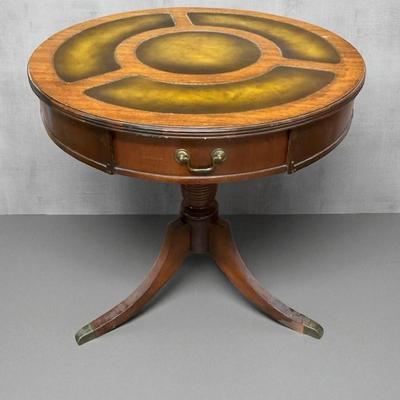 Round Mahogany Drum Table W/ Leather Inlay