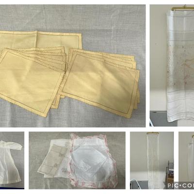 Vintage Linens incl. Chinese Dragon Embroidered Tablecloth, Flax Home Gallery, Crochet, & More